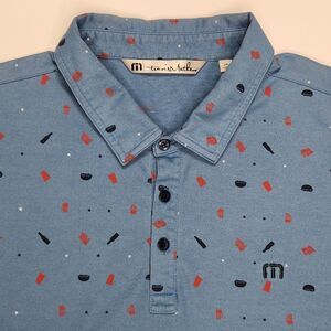 Travis Mathew Golf Polo Shirt XXL Pima Cotton BBQ Beers Hotdogs Flag Red Blue